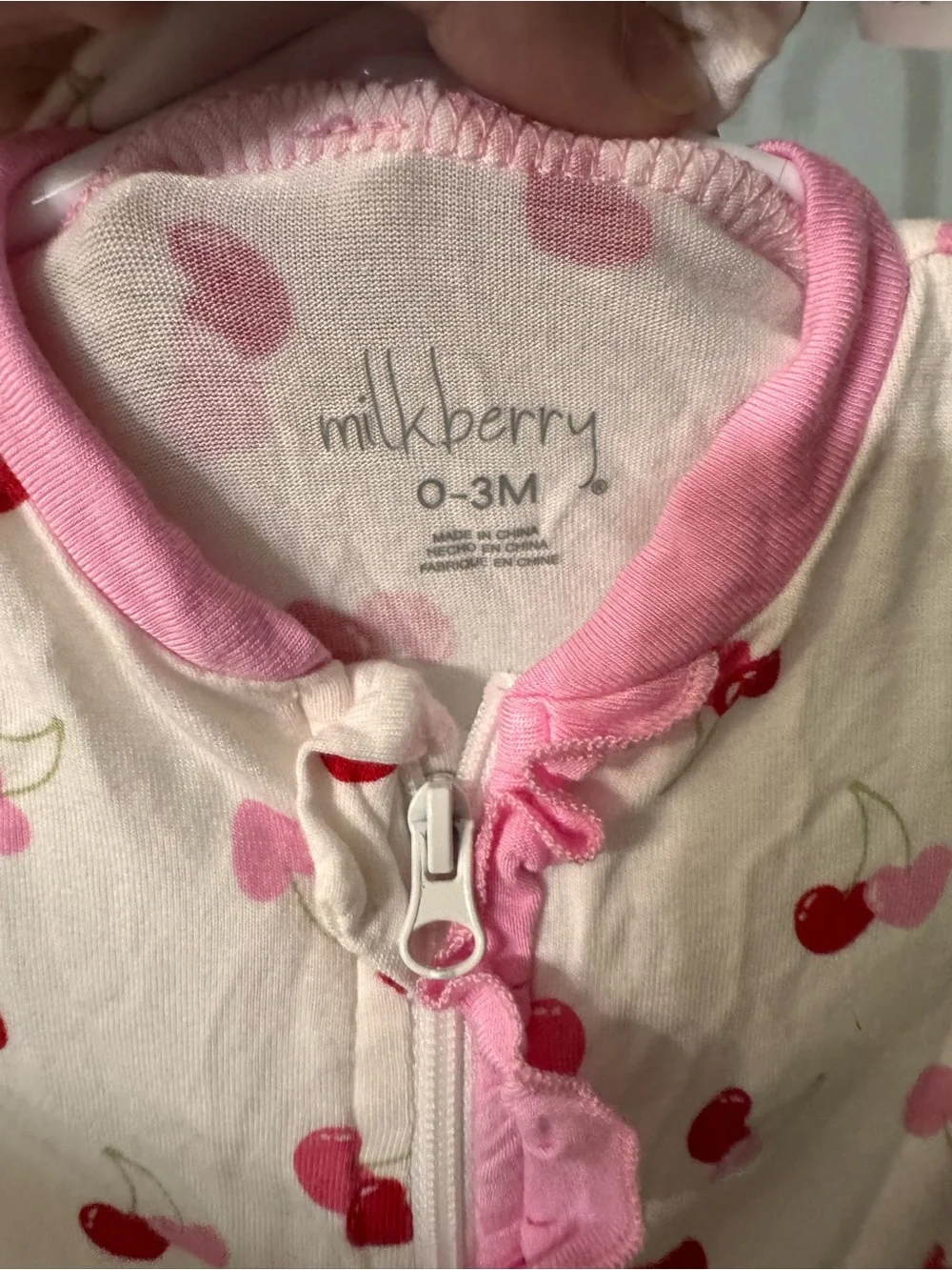 Baby Girls Pink Cherry Print One-Piece bamboo Footed Pajamas with Matching Bow
